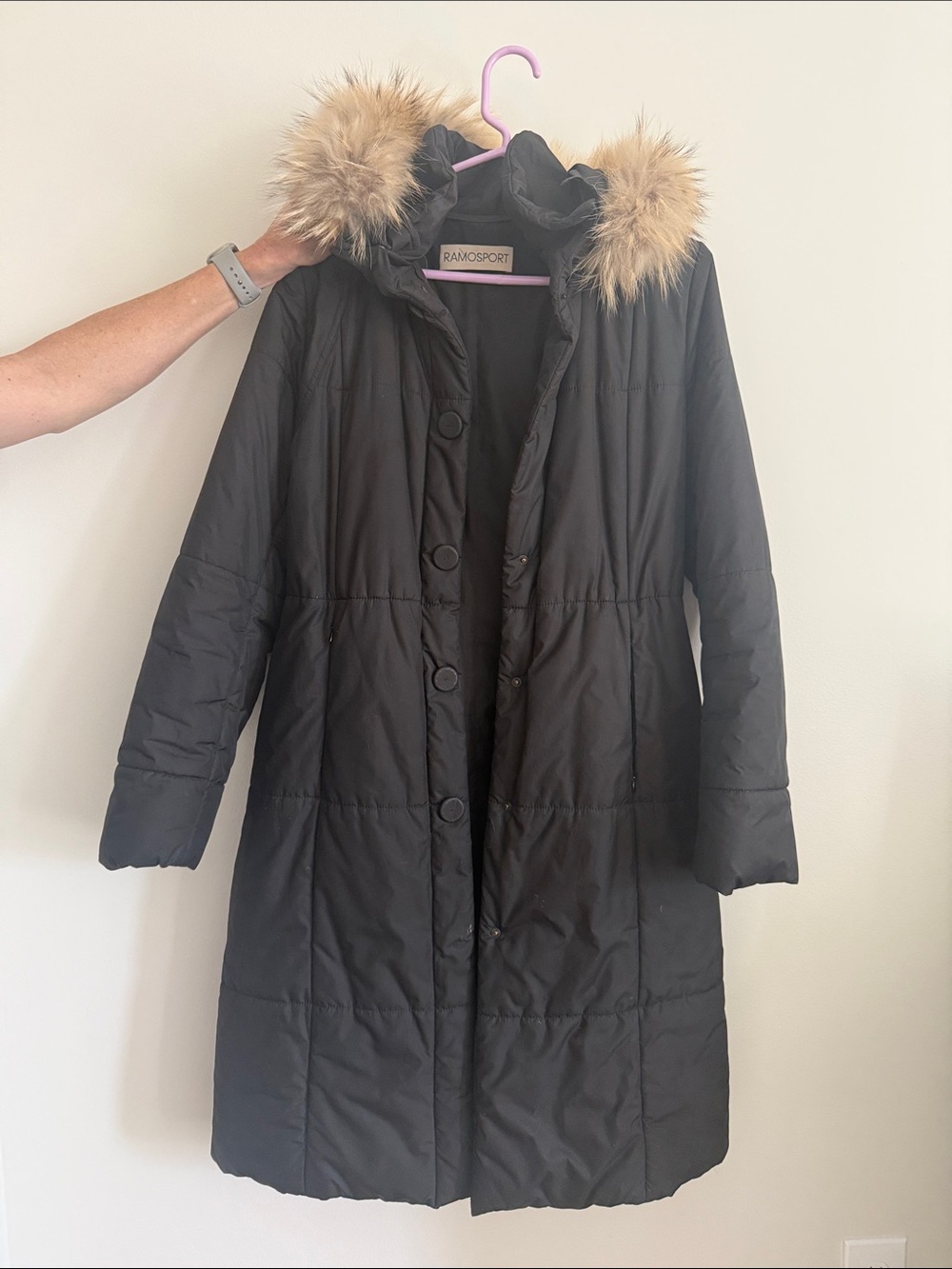 RampSport Women's Black Long Puffer Coat with Faux Fur Hood